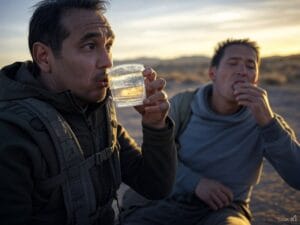 Ilustración educativa y dramática que muestre a varias personas enfrentando situaciones de supervivencia extrema mientras aplican mitos erróneos. Incluye escenas como alguien bebiendo orina en el desierto, otra persona succionando una piedra para hidratarse. Cada escena debe reflejar el peligro e ineficacia de estas acciones, transmitiendo la importancia de conocer la verdad detrás de los mitos.