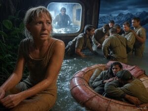 Una escena dramática que muestra a los protagonistas de cinco historias de supervivencia extrema: Juliane Koepcke perdida en la selva amazónica, sobrevivientes del accidente del Vuelo 571 de los Andes rodeados de nieve, Harrison Okene atrapado bajo el agua en un barco hundido, Mauro Prosperi luchando en el desierto del Sahara y Steven Callahan en un bote salvavidas en medio del océano. La imagen debe capturar la intensidad de sus luchas por la supervivencia en entornos hostiles y desafiantes.