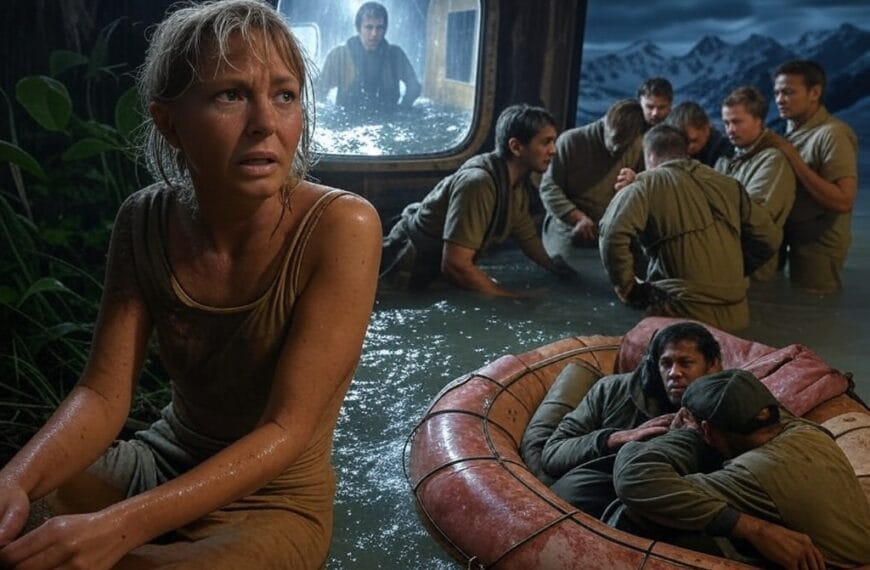 Una escena dramática que muestra a los protagonistas de cinco historias de supervivencia extrema: Juliane Koepcke perdida en la selva amazónica, sobrevivientes del accidente del Vuelo 571 de los Andes rodeados de nieve, Harrison Okene atrapado bajo el agua en un barco hundido, Mauro Prosperi luchando en el desierto del Sahara y Steven Callahan en un bote salvavidas en medio del océano. La imagen debe capturar la intensidad de sus luchas por la supervivencia en entornos hostiles y desafiantes.