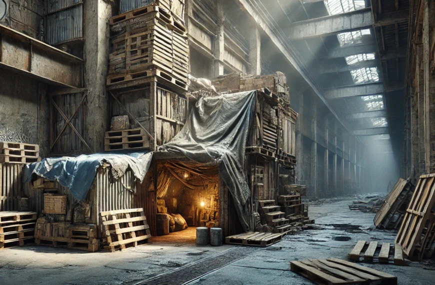 Imagen de refugio urbano improvisado con materiales reciclados