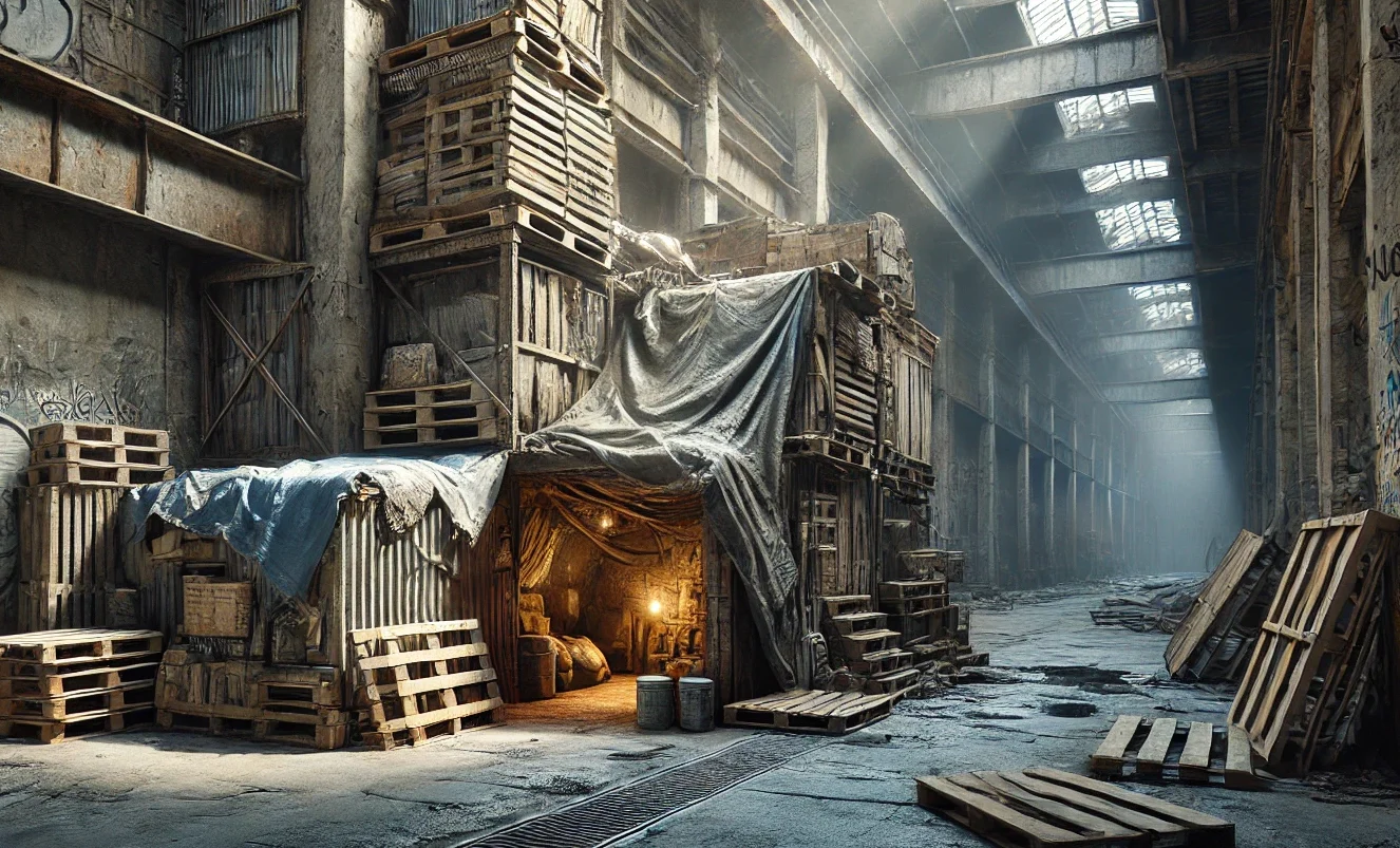 Imagen de refugio urbano improvisado con materiales reciclados