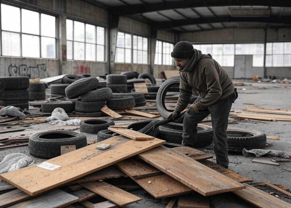 Imagen que ilustra los materiales comunes que se pueden encontrar en la ciudad como palets lonas y plsticos utilizados en la construccin de refugios improvisados