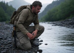 Explorador buscando agua potable en un arroyo en plena naturaleza