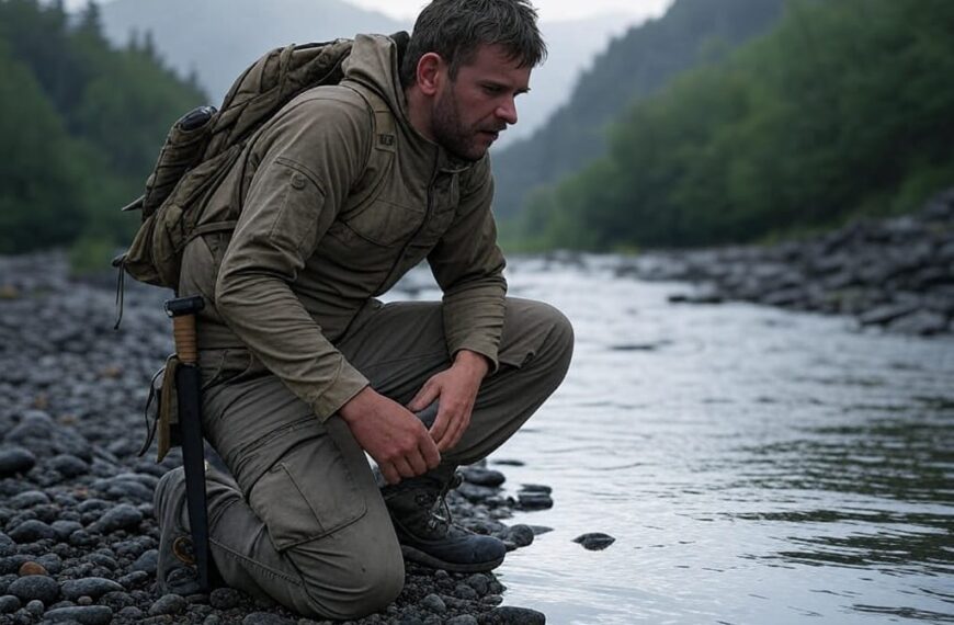 Explorador buscando agua potable en un arroyo en plena naturaleza