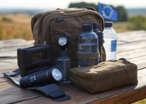 Mochila táctica con artículos de emergencia esenciales para un kit de supervivencia de 72 horas, recomendación de la Unión Europea