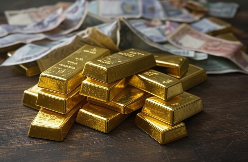 Lingotes de oro apilados en una bóveda bancaria, reflejando la creciente acumulación de oro por los bancos centrales en tiempos de incertidumbre económica y crisis.