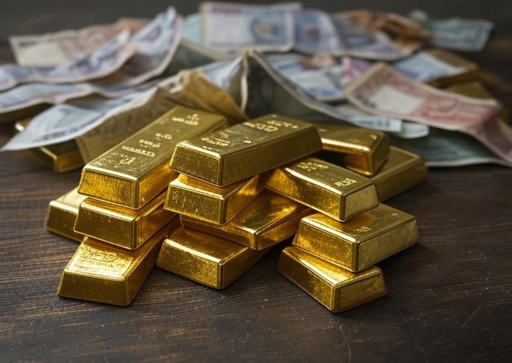 Lingotes de oro apilados en una bóveda bancaria, reflejando la creciente acumulación de oro por los bancos centrales en tiempos de incertidumbre económica y crisis.