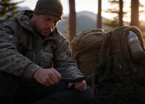 Superviviente equipado con mochila y cuchillo táctico observando el horizonte en un bosque.