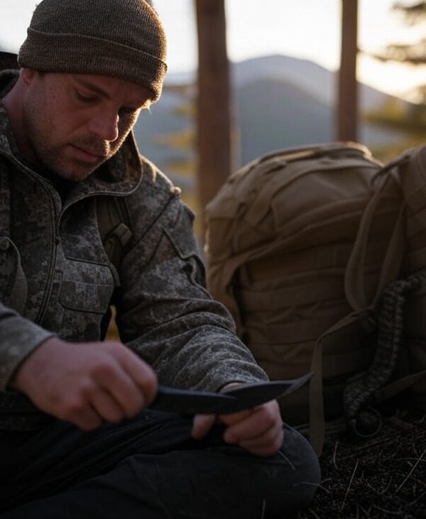 Superviviente equipado con mochila y cuchillo táctico observando el horizonte en un bosque.