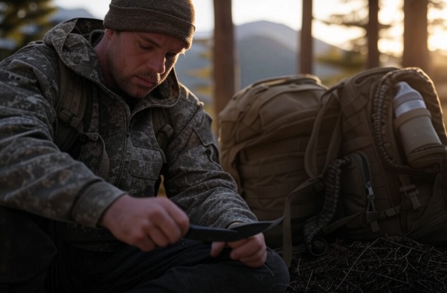 Superviviente equipado con mochila y cuchillo táctico observando el horizonte en un bosque.
