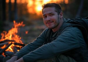 Superviviente sentado junto a una fogata en el bosque, con expresión de felicidad y autosuficiencia.