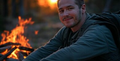 Superviviente sentado junto a una fogata en el bosque, con expresión de felicidad y autosuficiencia.