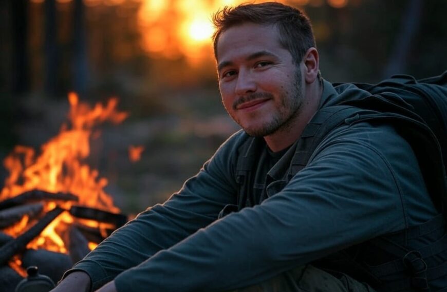 Superviviente sentado junto a una fogata en el bosque, con expresión de felicidad y autosuficiencia.