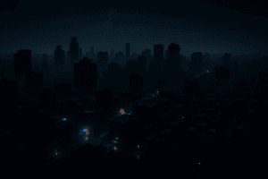 Ciudad moderna completamente a oscuras durante un apagón total