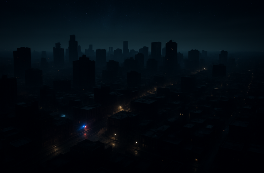 Ciudad moderna completamente a oscuras durante un apagón total