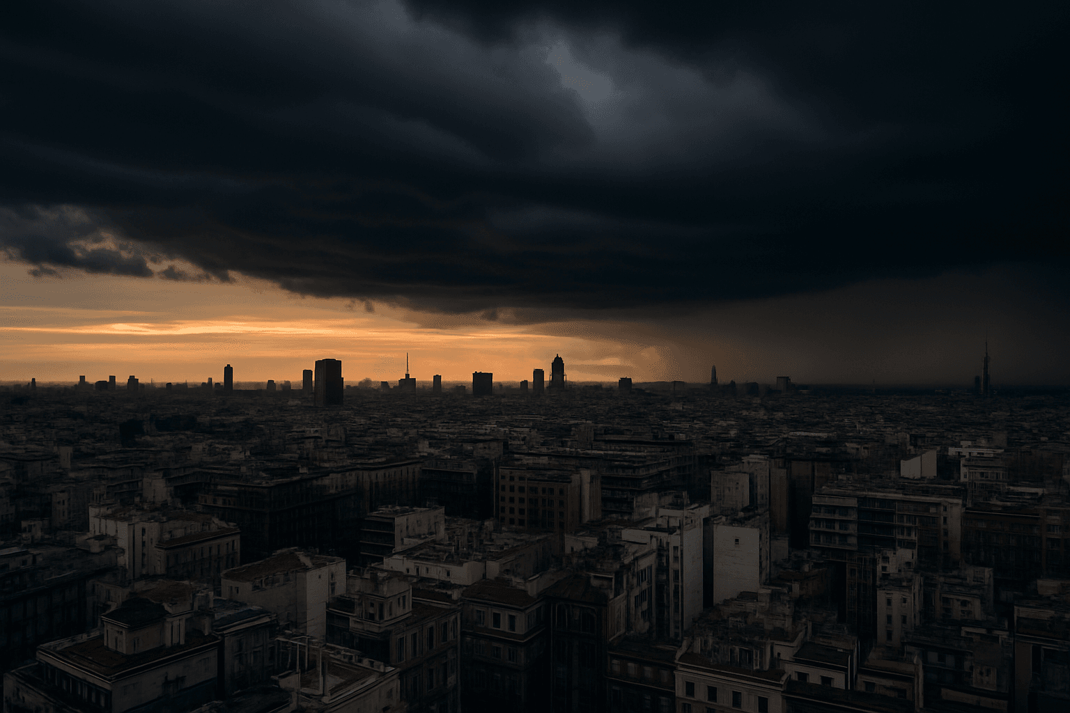Horizonte urbano con cielo tormentoso y edificios sumidos en sombras tras un apagn nacional