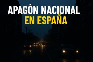 Calle a oscuras durante el apagón nacional en España, con coches iluminando la carretera.
