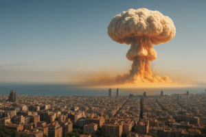 Explosión nuclear con nube en hongo sobre ciudad moderna, vista desde lejos.