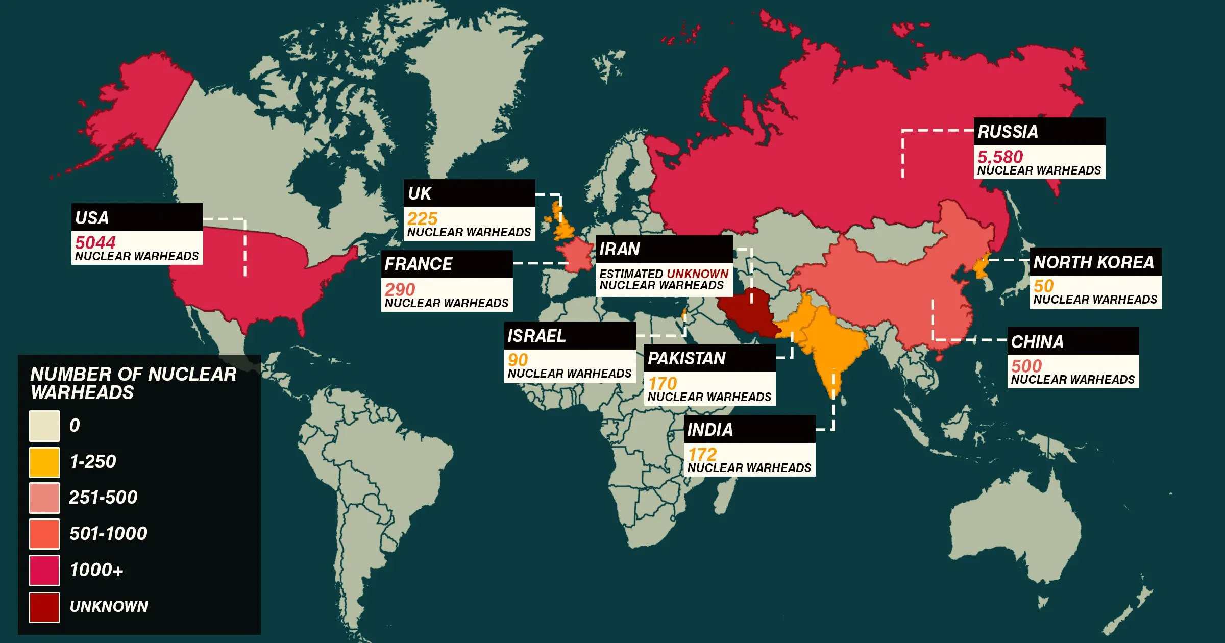 Mapa mundial con nmero de armas nucleares por pas en 2025
