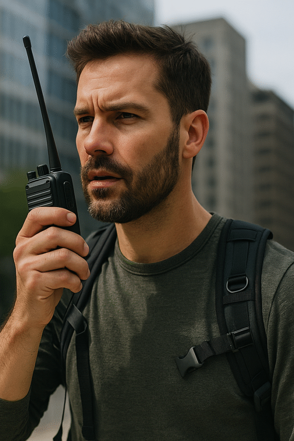 Superviviente urbano usando walkie-talkie en una ciudad