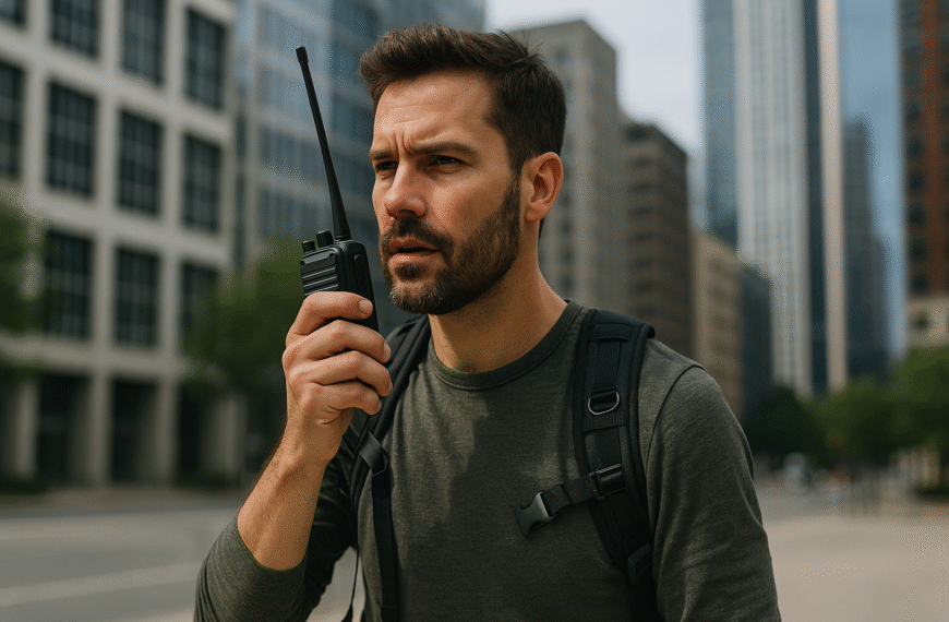 Superviviente urbano usando walkie-talkie en una ciudad