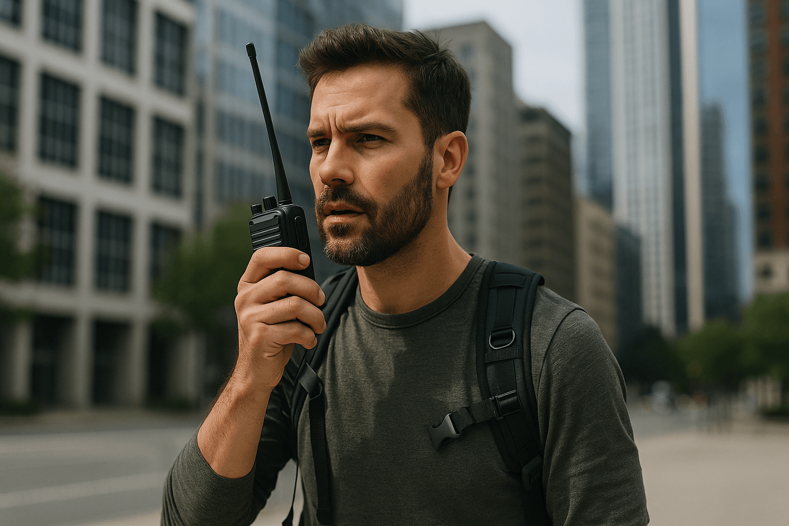 Superviviente urbano usando walkie-talkie en una ciudad